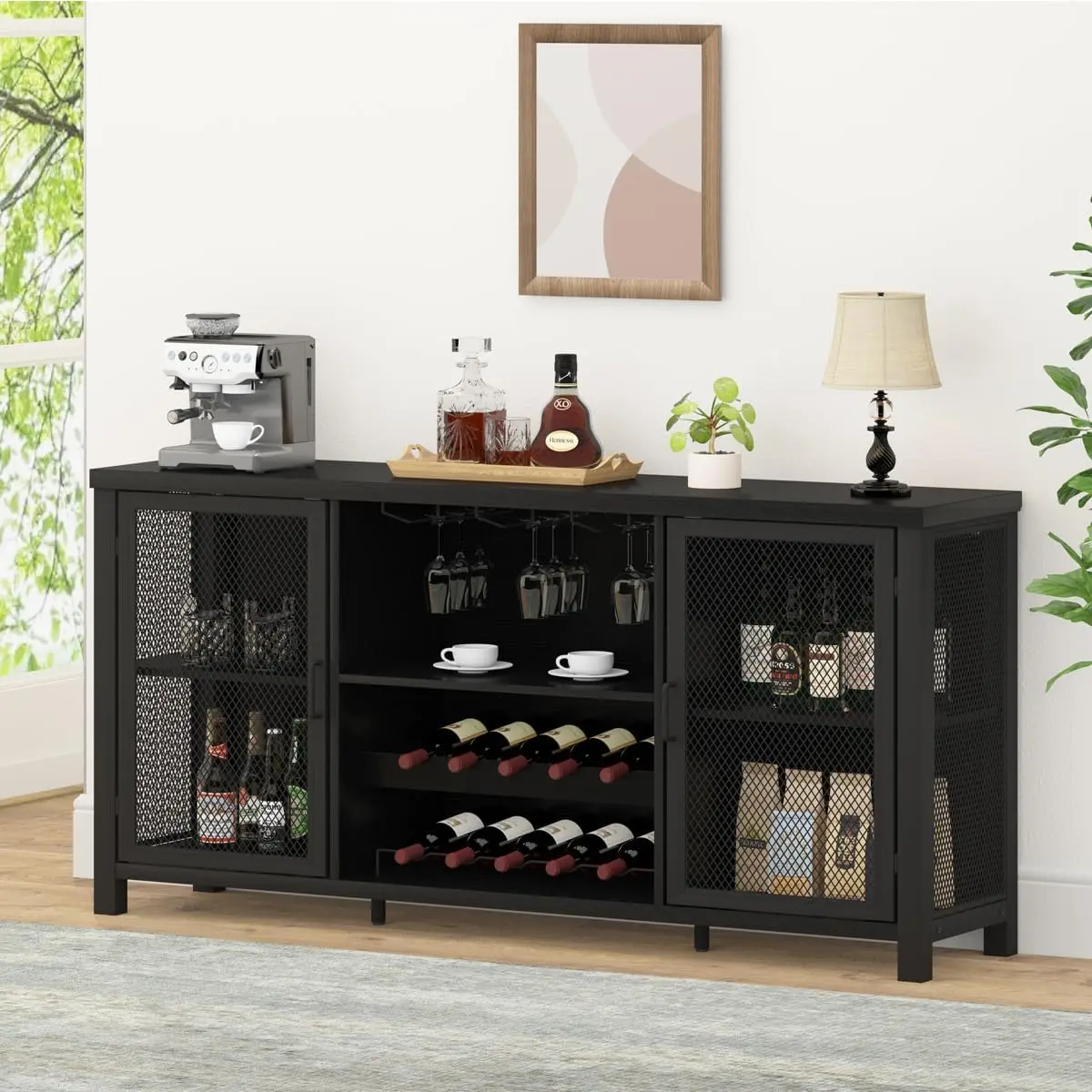 

Black Wine Bar Cabinet, Coffee Bar Cabinet With Storage, Farmhouse Kitchen Buffet Cabinet With Rack For Liquor And Coffee,