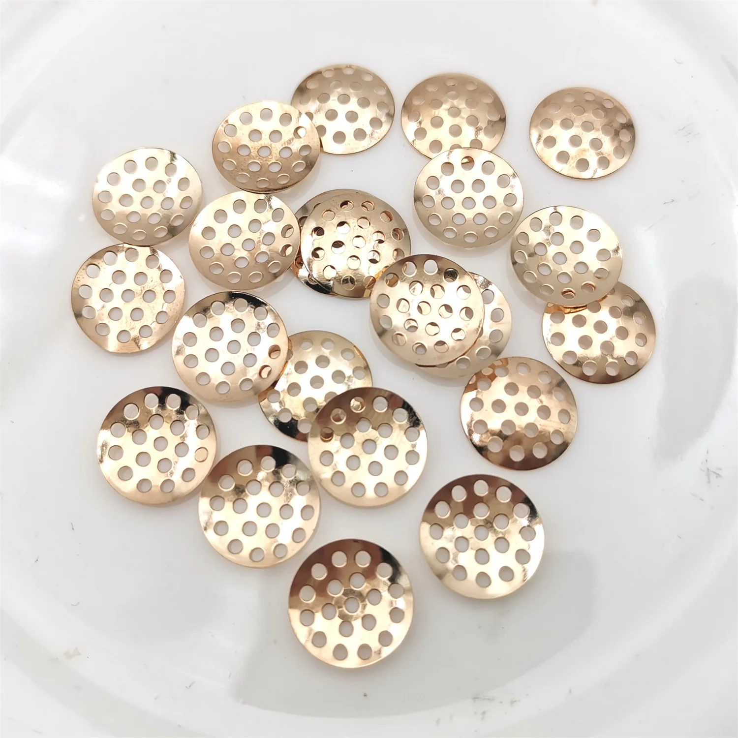 200 Pcs 12/14/16/18/20mm KC Gold Metal Round Circular Mesh Pattern Filigree Flowers Slice Charms Base Setting DIY Accessory