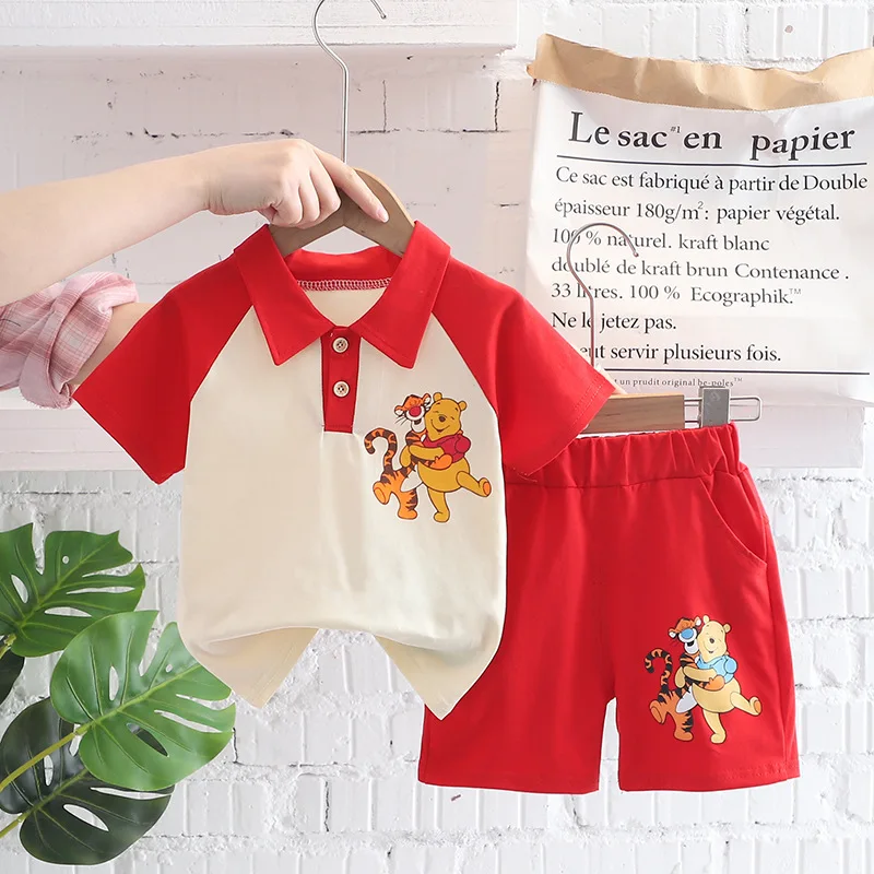 Disney Winnie The Pooh Children\'s Suit Baby Boys Girls Summer Lapel T Shirt Cartoon Shorts 2Piece Set Toddler Kids Clothing Suit