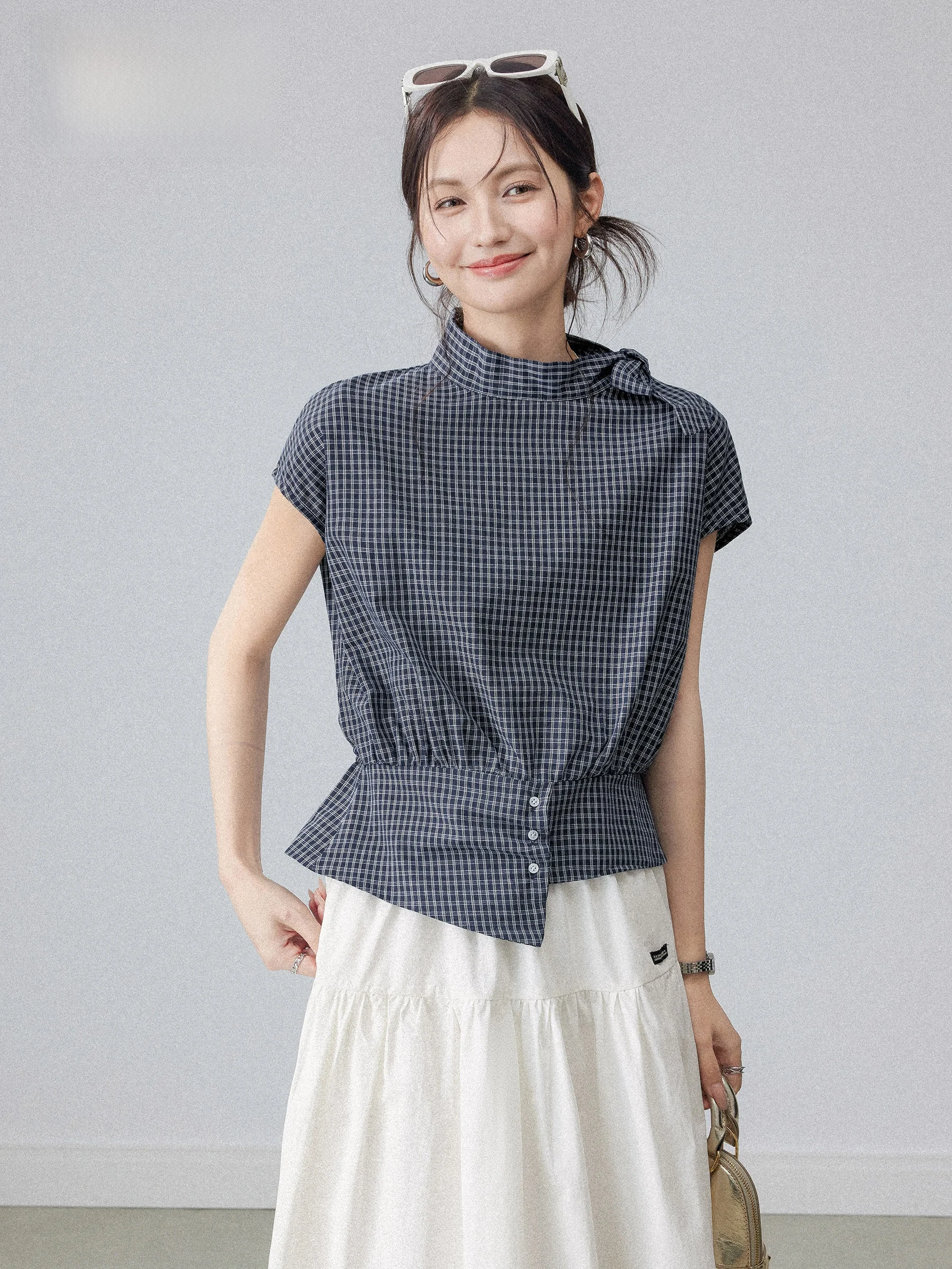 

Women's Plaid Short Sleeve Shirt Bow Tie Stand Collar Vintage Irregular Top Casual Style Loose Fit Summer Fashion