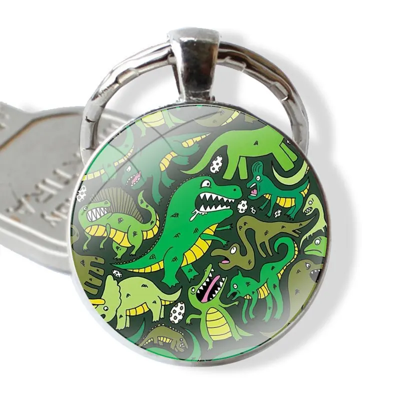 Dinosaur Party Keychain Handmade Glass Cabochon Key Ring Holder Pendant Key Chains