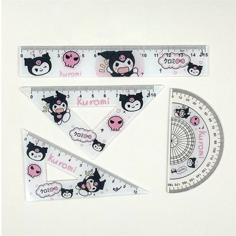 4pcs/Set Cute Cartoon Hellokitty Kuromi Acrylic Student Ruler Set Kawaii Cinnamoroll Children's Drawing Stationery Supplies