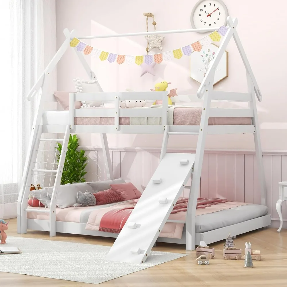 

Twin Over Queen BunkBed,House Shaped Bed Frame with Climbing Nets and Ramp,Safety Guardrail,No Box Spring Needed,Wooden Kids Bed