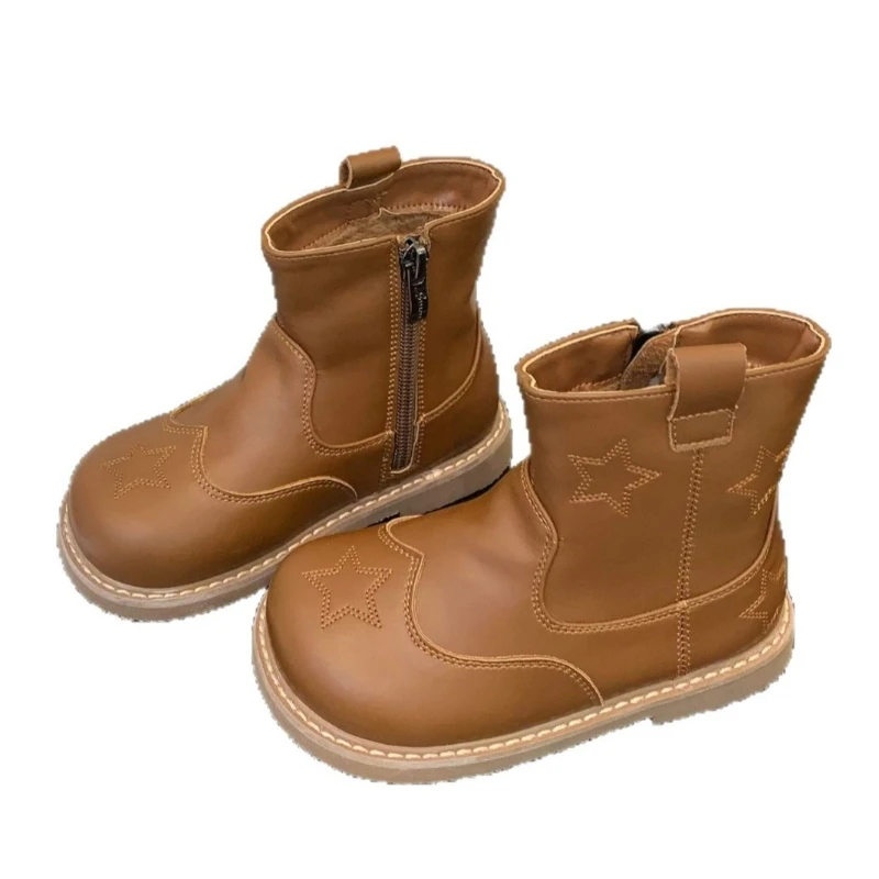 

Children's Leather Boots Winter Boys Girls Retro British Plush Lined Leather Short Boots Korean Style Casual Fashion Boots