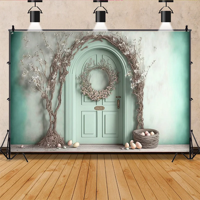 

Vinyl Custom Easter Scene For Photo Studio Background Celebrations Spring Eggs Rabbits Doors Photography Backdrops Props FR-10