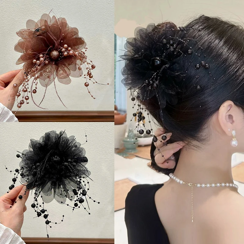 Pinza para el pelo de flor de malla negra a la moda, pinza para cola de caballo de tiburón para mujer, tocado con pinza para el pelo de flor con temperamento