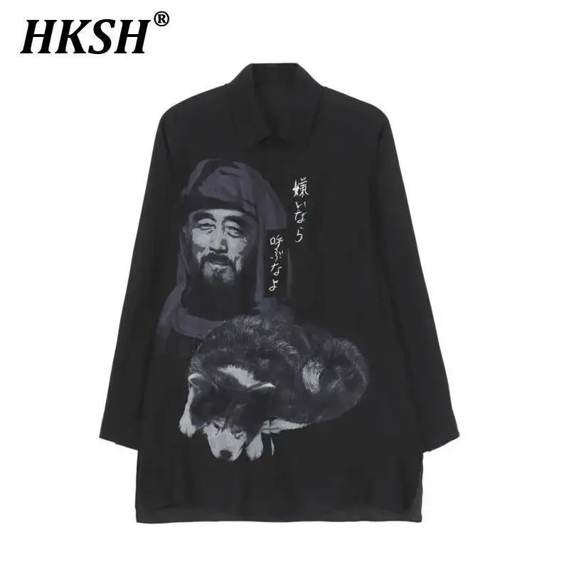 HKSH Autumn New Men Tide Dark Yamamoto Sketch Long Sleeve Gothic Shirt Punk Print Streetwear Y2K Chic Fashion Elegant Top HK2764