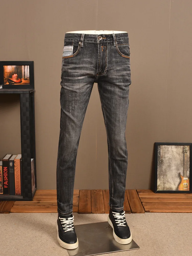 

2024 New Spring Street Retro Black Jeans Men's Handsome Stretch Slim High-End Distressed Casual Trousers