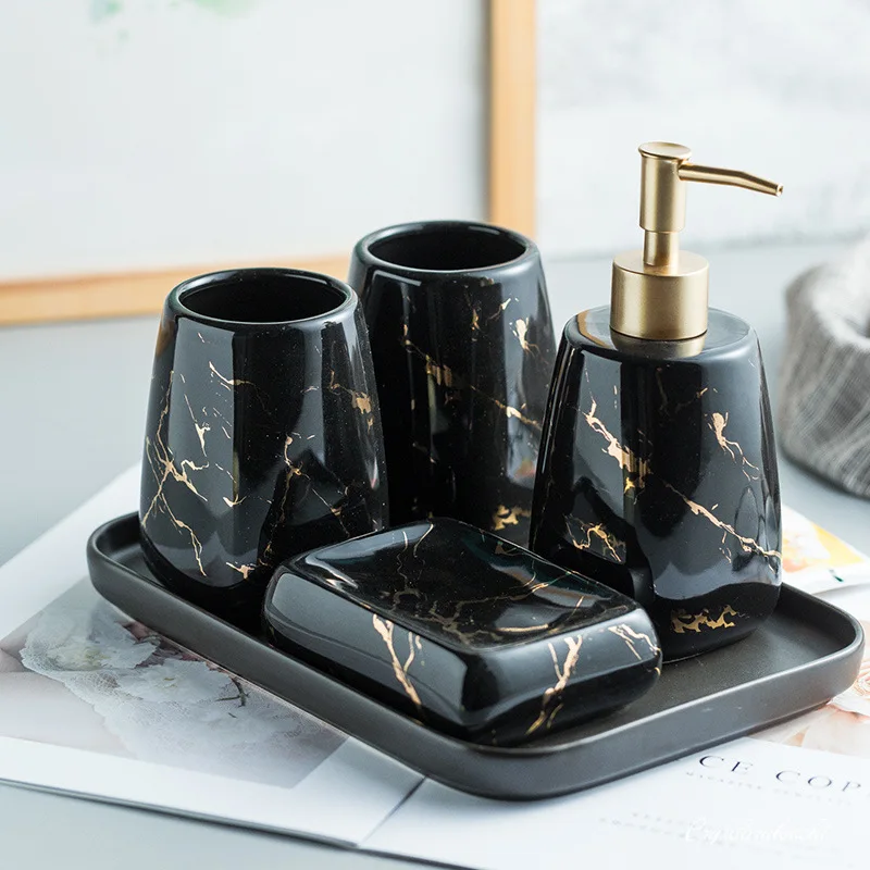 Marble Pattern Tray Ceramic Bathroom Set Toothbrush Holder Soap Dispenser Soap Dish Men's Bathroom Accessories Set Home Decor