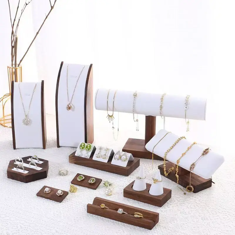 Walnut Wood White PU Color Jewelry Display Stand Necklace Pendant Bracelet Storage Rack Earrings Ring Holder Jewellery Organizer