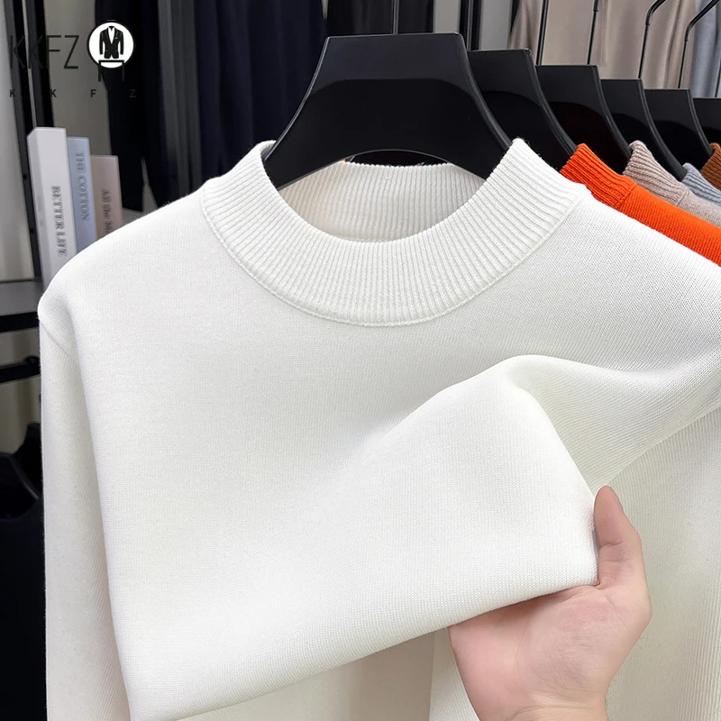 Soft Knitted Half High Neck Sweater Men Full Fleece Lined Thermal Pullover Breathable Long Sleeve Outfit For Fall Winter