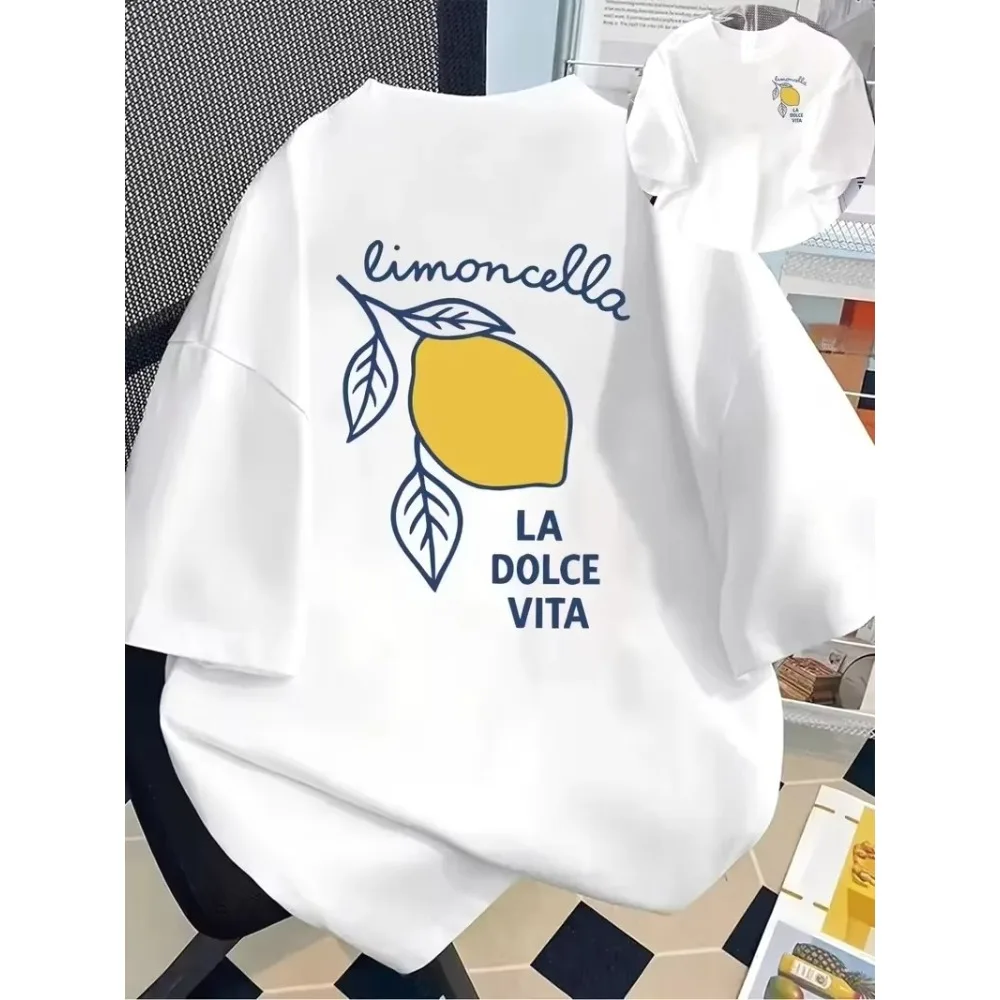 Dolce Vita Lemon Graphic T-Shirt for Women Front Back Italian Summer Print Top O-Neck Short Sleeve Daily Casual Trendy Clothes