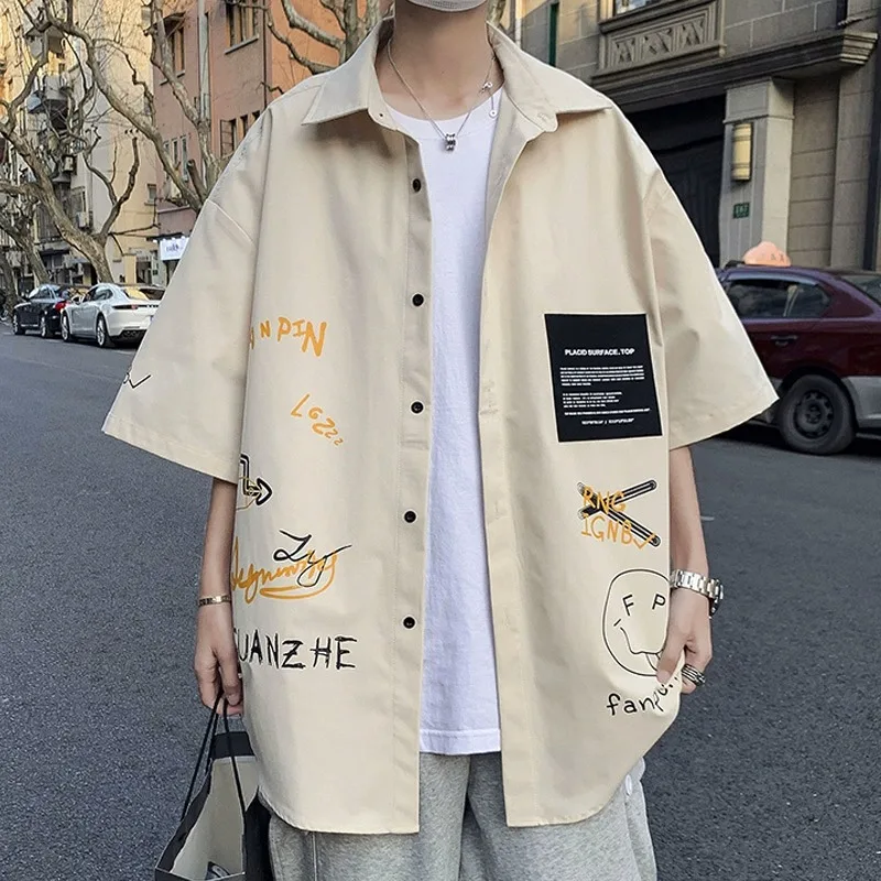 

Мужская летняя тонкая рубашка свободного кроя с коротким рукавом, молодежная, модная, на пуговицах, повседневная верхняя одежда, удобная, легкая рубашка