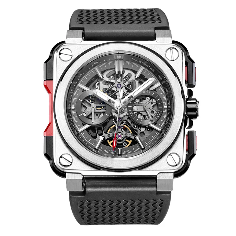 FEICE FM507 ساعة هيكل عظمي أوتوماتيكية للرجال ميكانيكا ساعة يد رجالي مربعة رياضية مضيئة ساعات 10ATM مقاومة للماء