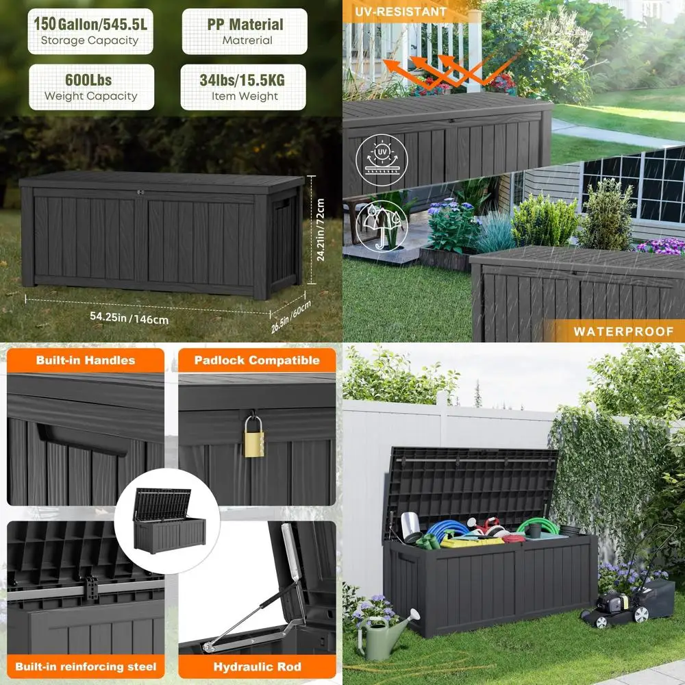 

150 Gallon Deck Box,Resin Outdoor Storage Box with Lockable for Patio Furniture, Pool Tools, Garden Tools Waterproof Outside Sto