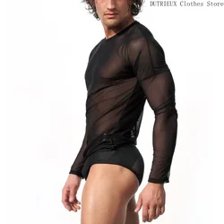 Sexy See-through Men's Long Sleeve T-shirt Sheer Mesh Sexy Men's Pullover Top, Bar Club Rave Party Clothing Breathable T-shirt