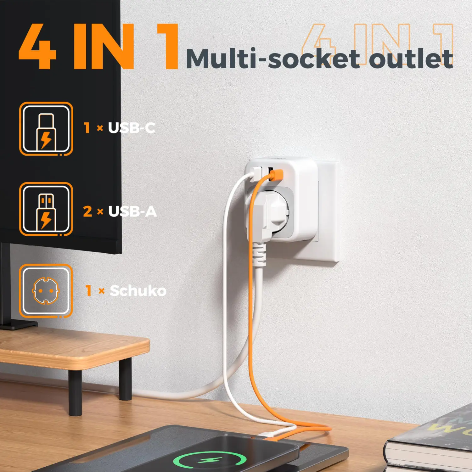 TESSAN Compact Wall Socket with 1 AC 2 USB A 1 USB C 3600W Multiple EU Plug Schuko Wall Plug Adapter Extender for Home Office