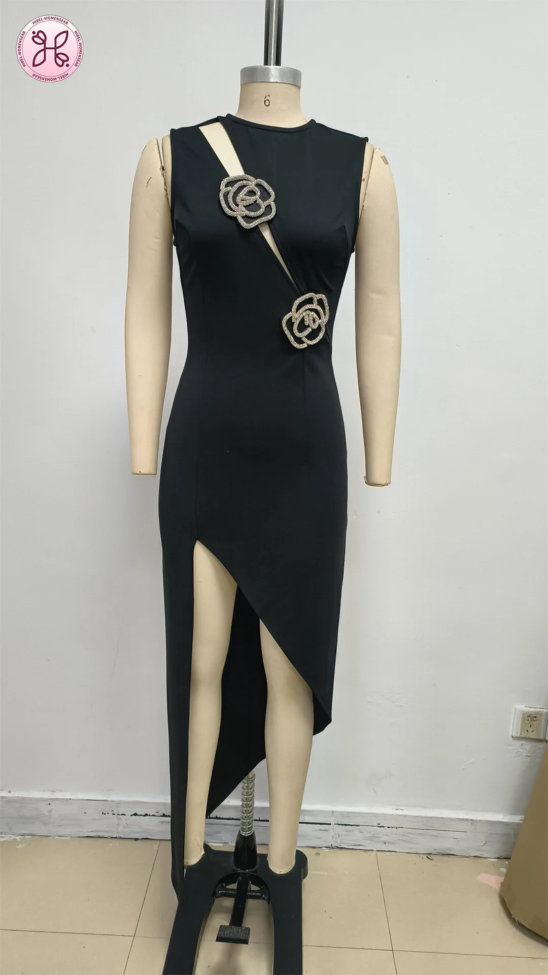 2025 vestido de noite preto de luxo – vestido sem mangas rosa com fenda alta (roupas formais elegantes femininas no atacado)