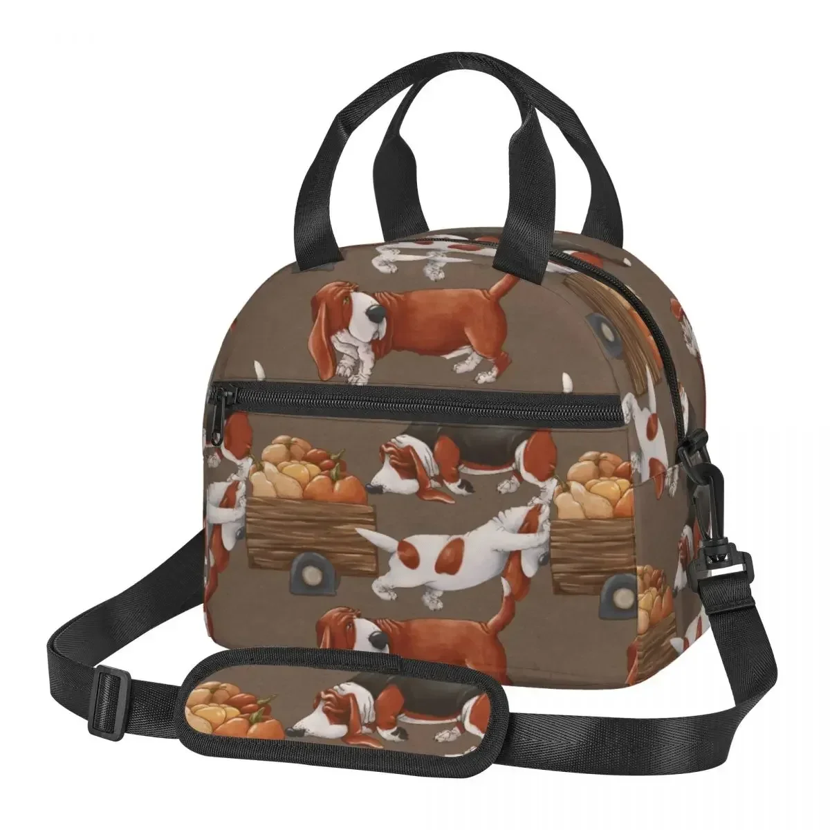 Autumn Fall Basset Hound Dog Merch Large Insulated Lunch Tote Bag With Adjustable Shoulder Strap Cooler Thermal Lunch Boxes