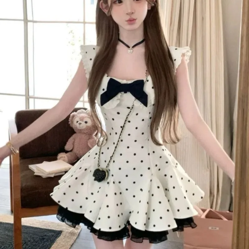 

Французское элегантное милое платье в горошек, женское новое модное шикарное лоскутное пушистое платье с бантом, Harajuku, тонкая одежда Y2k, летняя одежда