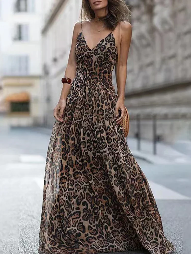Sexy V Neck Leopard Print Sling Dress Summer Elegant Off Shoulder Long Party Dress Fashion Women Wrap Waist Slim Robe Dress