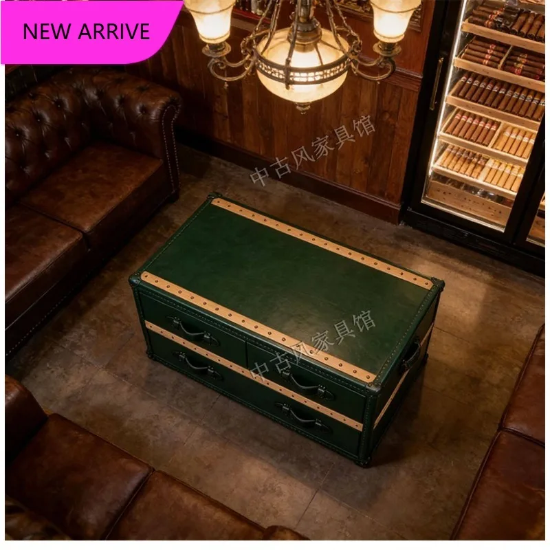 M183 American retro suitcase coffee table leather case coffee table English leather cigar bar table
