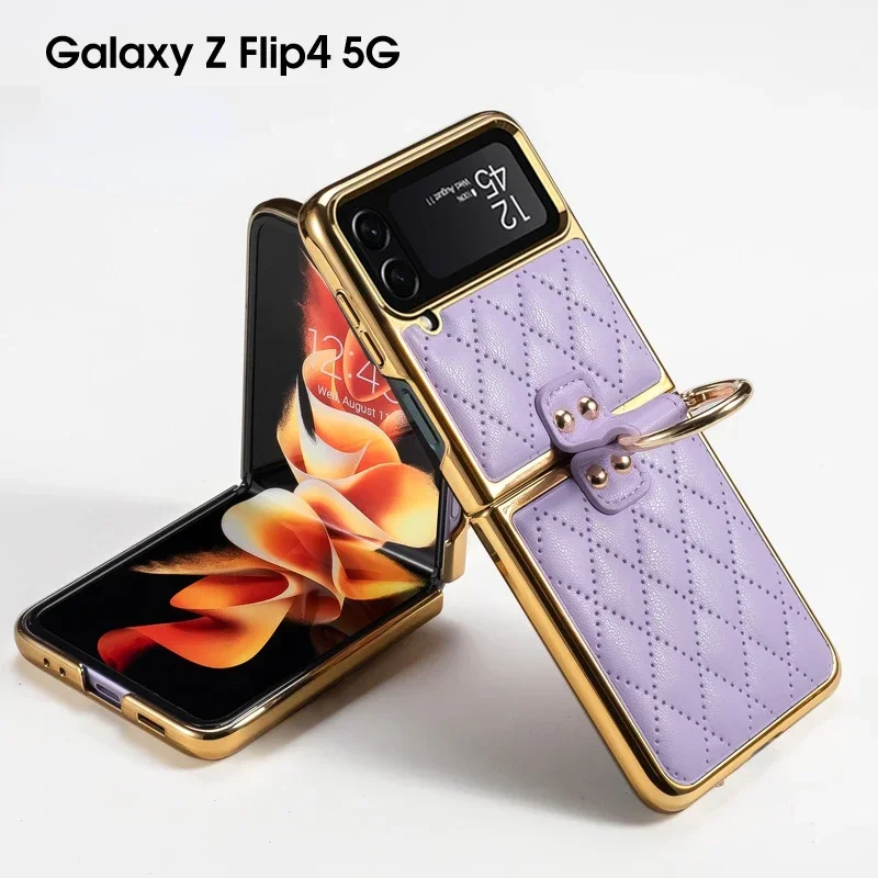 Case For Samsung Galaxy Z Flip4 Plain Leather Folding Phone Case With Ring Classic Stand All-Inclusive Z Flip4 Protective Cover