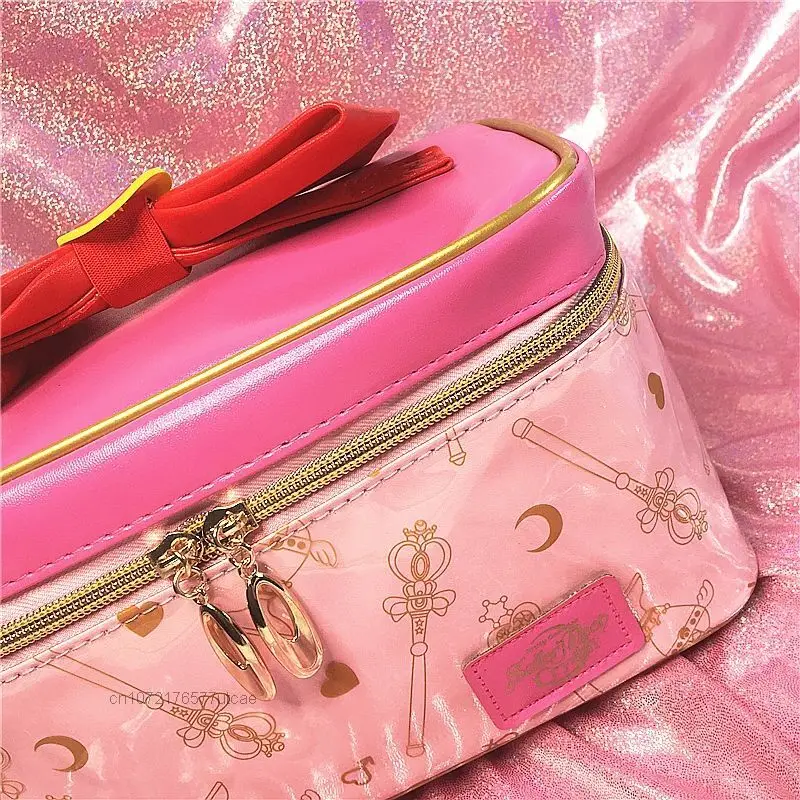 Sweet Pink Moon & Star Pattern Cute Anime Makeup Bag Y2k Women\'s PU Large Capacity Portable Zipper Fashion Cosmetic Storage Bag