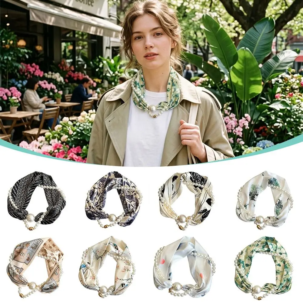 

Elegant Thin Pearl Magnetic Clasp Scarf Neck Protection Magnetic Buckle Magnetic Pearl Scarf Silk Scarf Women
