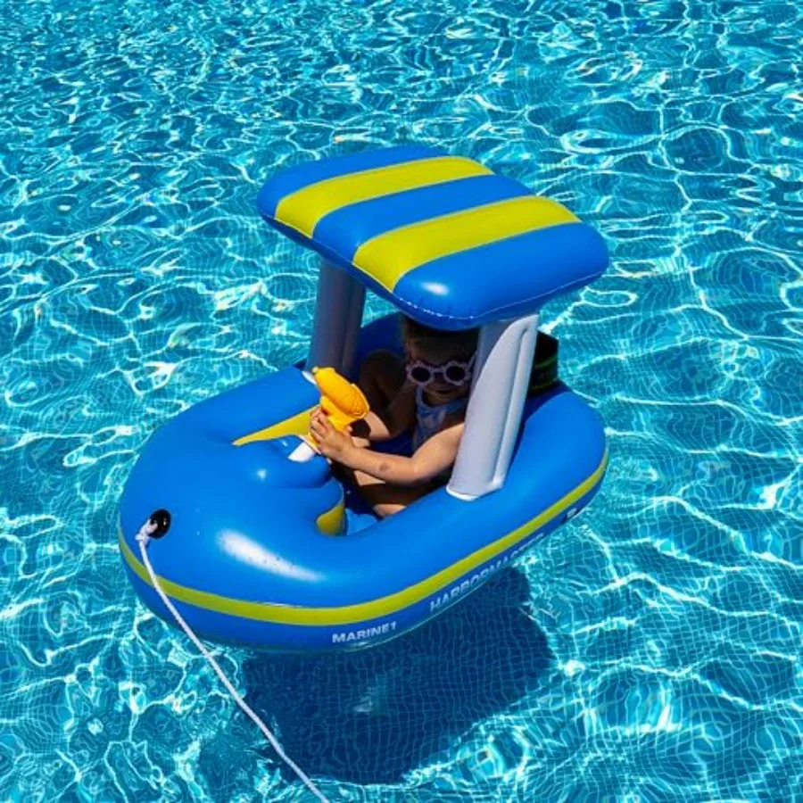 Police Boat inflatable pool float for kids and toddlers, PVC material, blue and white color, dual-function squirter and ride-on