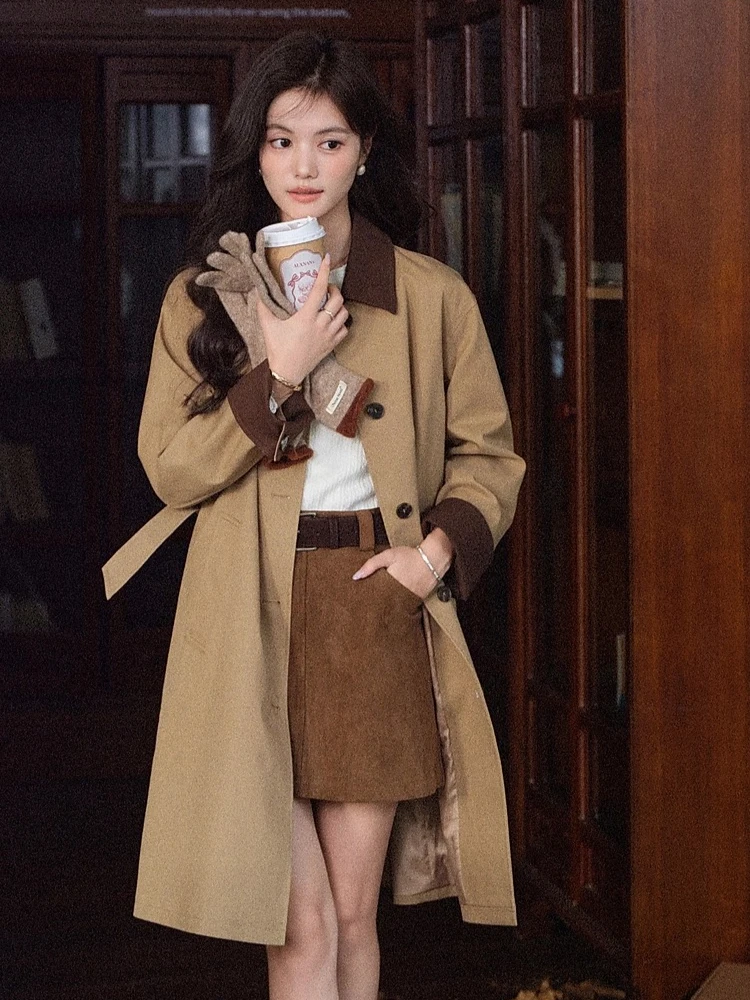 

ALXNAN Тренч средней длины с цветными блоками и отложным воротником с карманами, структурированное пальто, многослойная универсальная верхняя одежда L57811