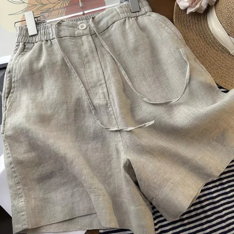 Japanese Simple Solid Color Pure Cotton Linen Casual Versatile Straight Elastic Waist Shorts Women's Middle Pants
