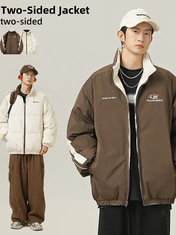 

American Retro Double-Sided Wear Design Cotton Jacket Men's Winter Style Letter Print Thickened Bread Coat