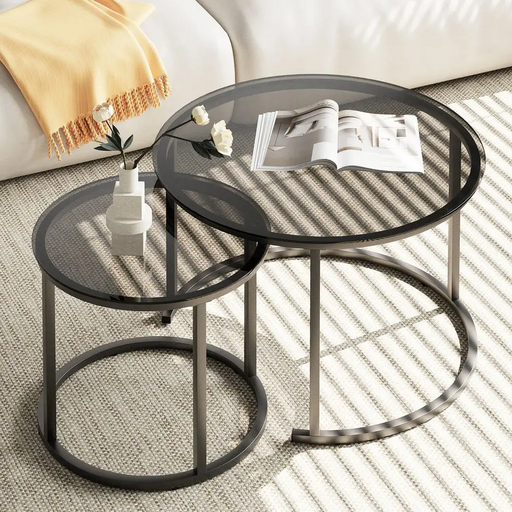 Nesting Coffee Table Set Of 2, Small Round Glass Nesting Tables For Living Room Bedroom, Accent Tea Table With Gold Metal Frame