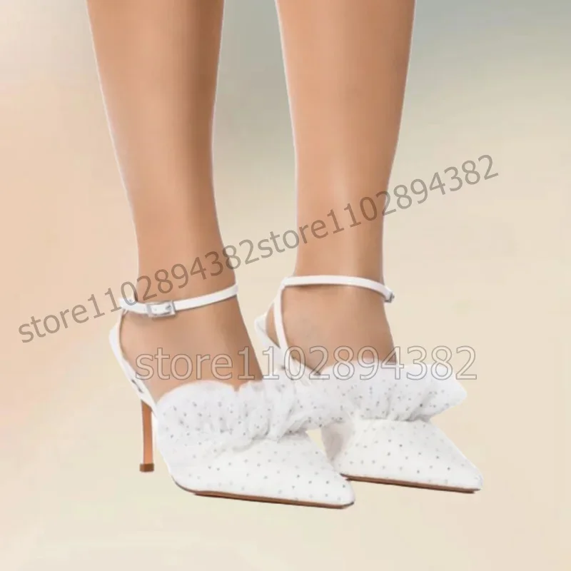 

White Pleated Ruffles Rhinestone Pointed Toe Pumps Ankle Buckle Strap Women Shoes Thin High Heels New 2025 Zapatos Para Mujere