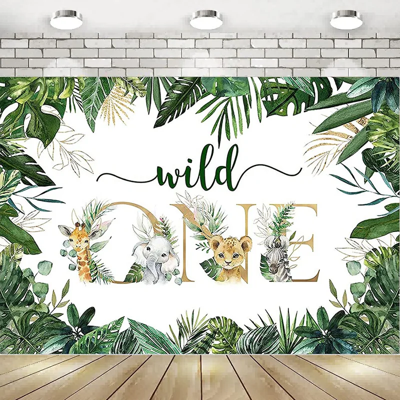 

Сафари, дикие животные джунглей, первый день рождения, вечеринка, фон для фотосъемки, зеленый золотой фон, баннер, украшение, детский душ, счастливый