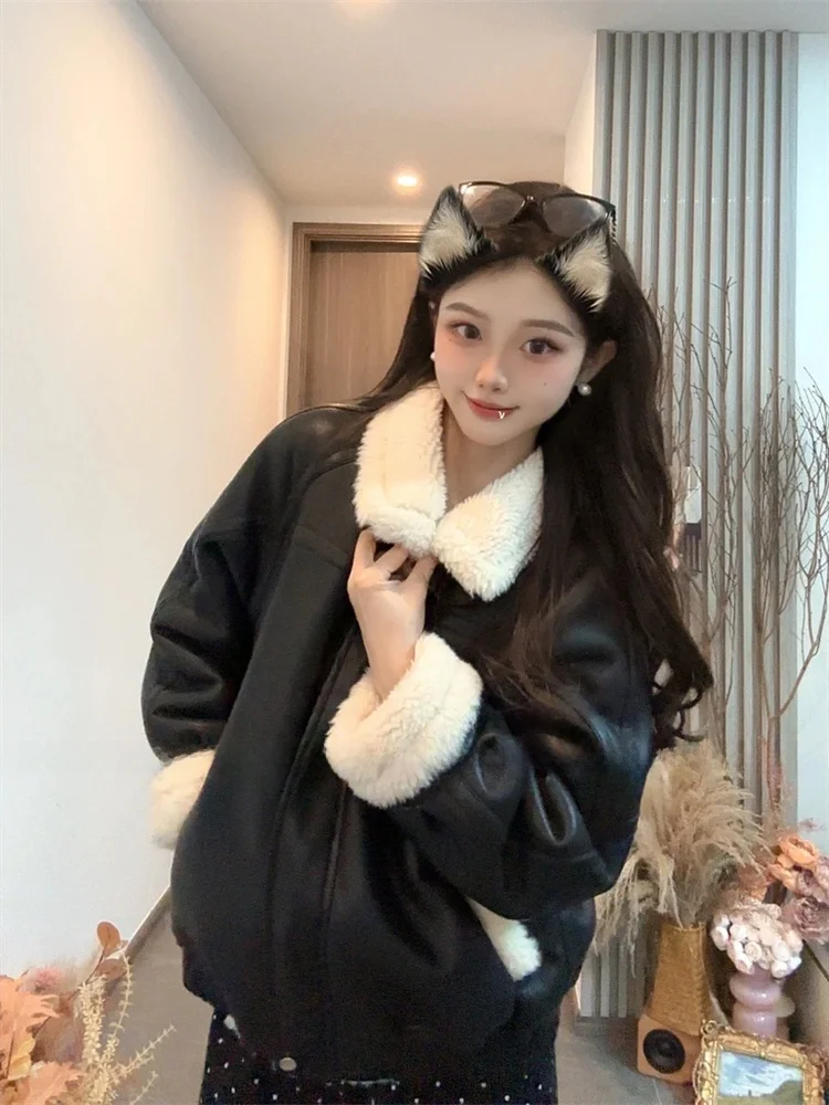 유니크 블라 가죽 자켓 여성용 오리지널 디자인 퍼 칼라 봄 패션 스트리트 스타일 코튼 코트 슬리 외투