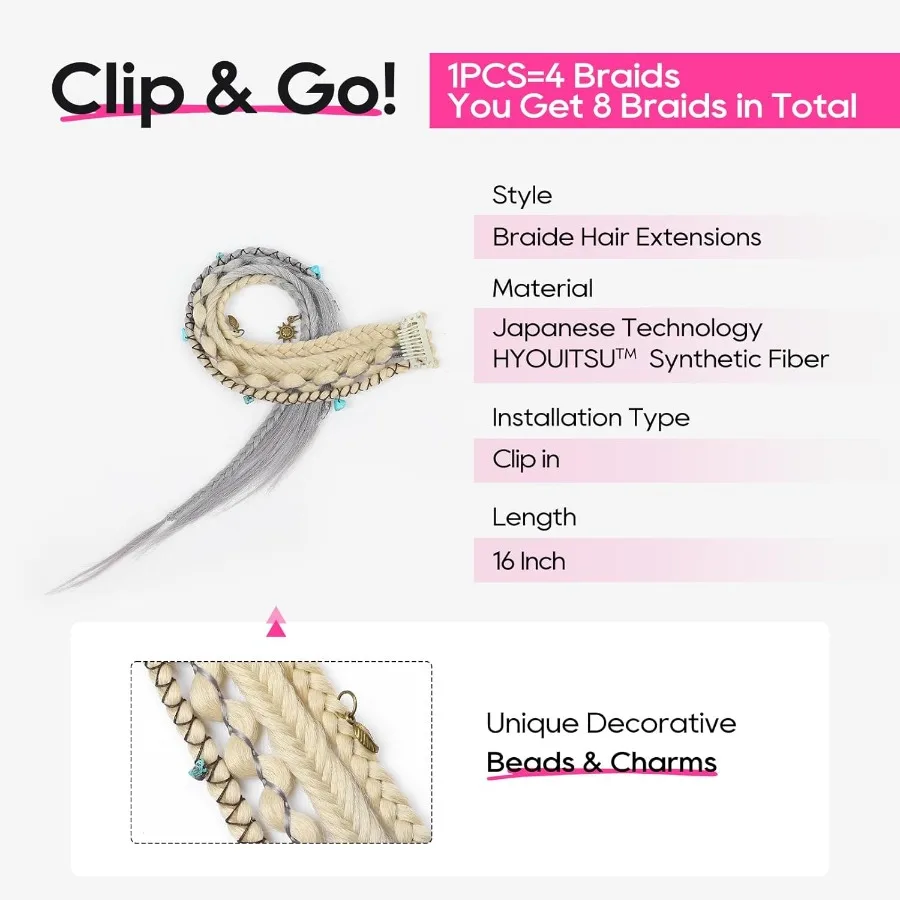 Clip in Braid Hair Extensions for Women 16 Boho Dreadlock Clip in Braids with Beads Charms 2PCS Handmade Synthetic Braided Hair