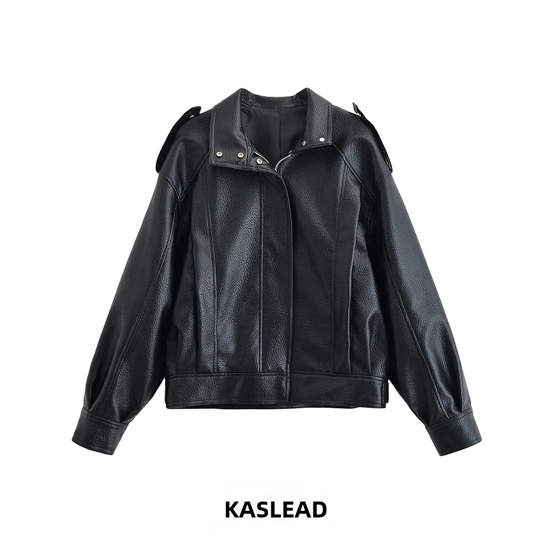 KASLEAD Faion Texture Pelle Jaet Oulder Drop Capispalla da donna Sli Fibra di poliestere Chiusura con cerniera Cappotto autunnale