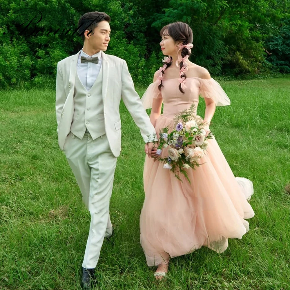 

Bowith Pink Off the Shoulder Evening Dresses Korean Photoshoot A Line Puff Sleeves Wedding Party Gowns Customized