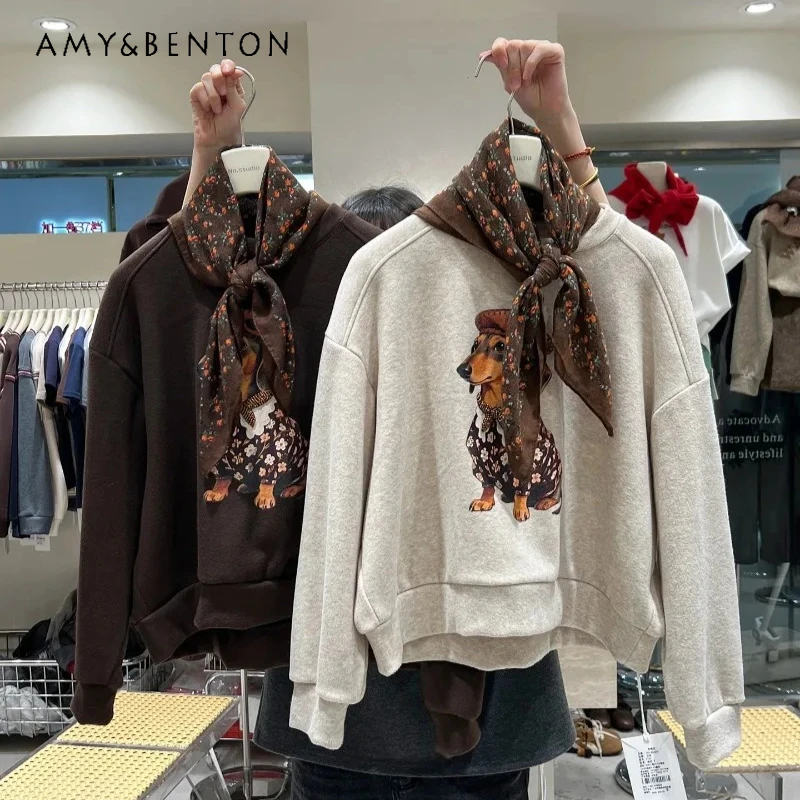 

Winter Fleece-Lined Sweatshirt For Women's Thickened New American Style Retro Print Loose Short Crew Neck Pullover Top Hoodies