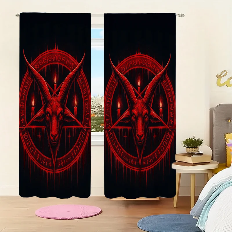 2pc Gothic Blackout Curtains,Satanic Pentagram & Red Goat Head,Light-Filtering for Bedroom,Living Room & Office,Dark Decor Style