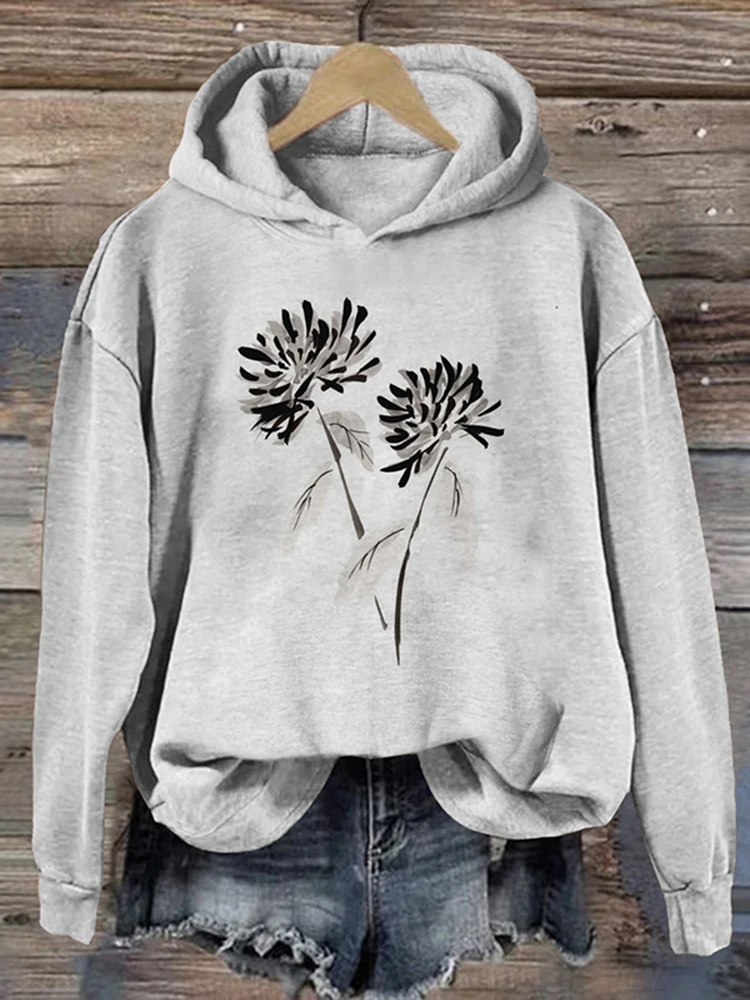 

Women's hoodie with daisy print, oversized loose warm hoodie, street sports trend sweatshirt, fashionable and comfortable hoodie