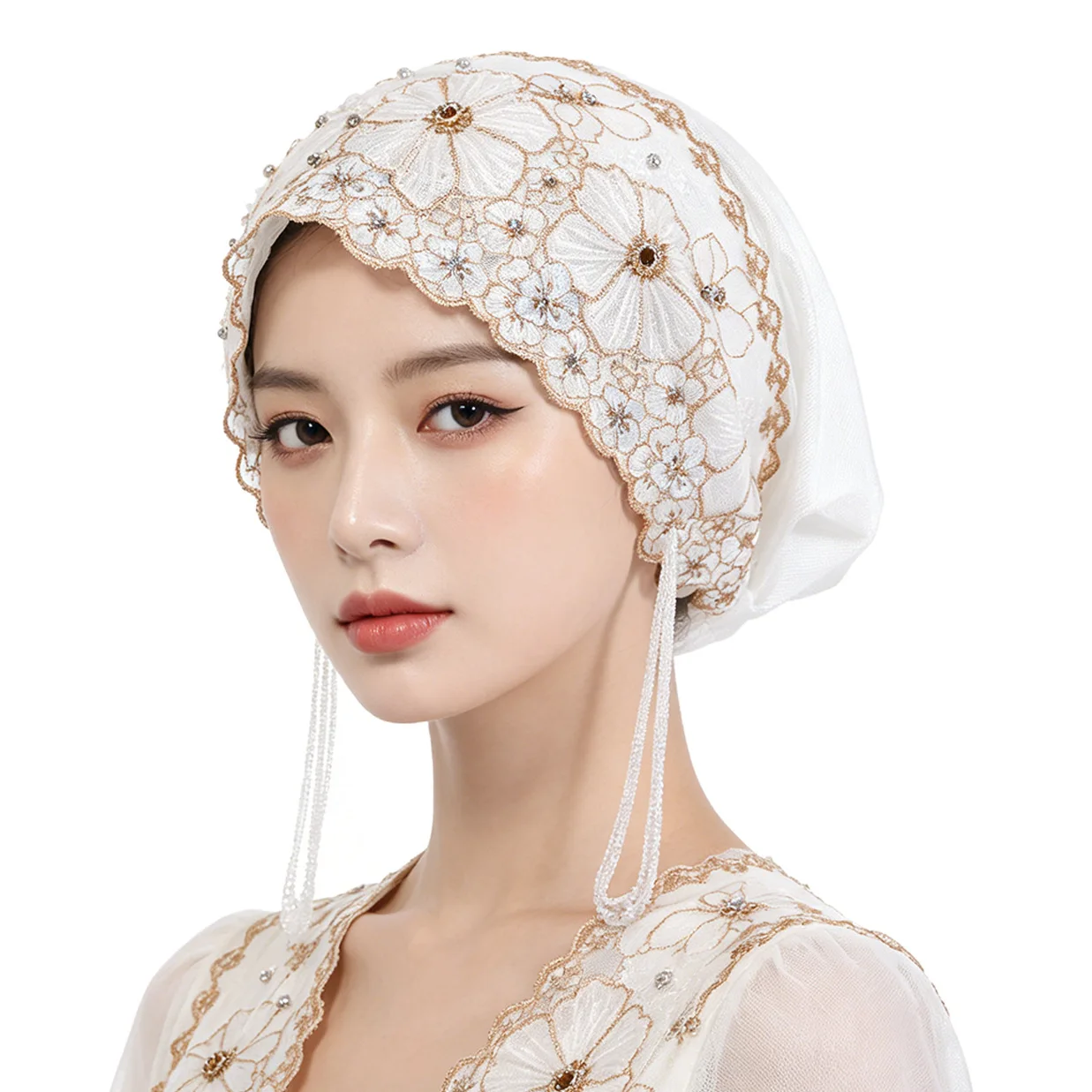 

Best-selling handmade beaded fish-tail fringed scarf with embroidered hat casual Muslim Islamic style Diamond H1