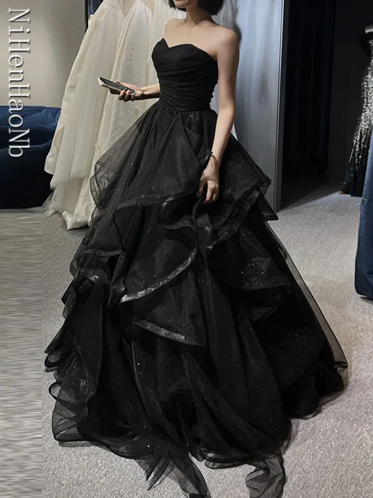 Temperament Black Elegant Wedding Party Dresses Strapless Prom Robe 2023 New Ball Gown Formal Dress Women Vestidos