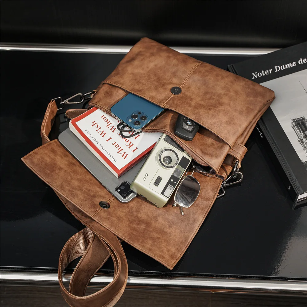 Vintage Herren-Umhängetasche, modische Umhängetasche mit Klappe für Männer, dreilagige Tasche, Messenger-Taschen, luxuriöse Umhängetasche aus PU-Leder für Männer – Detail 14