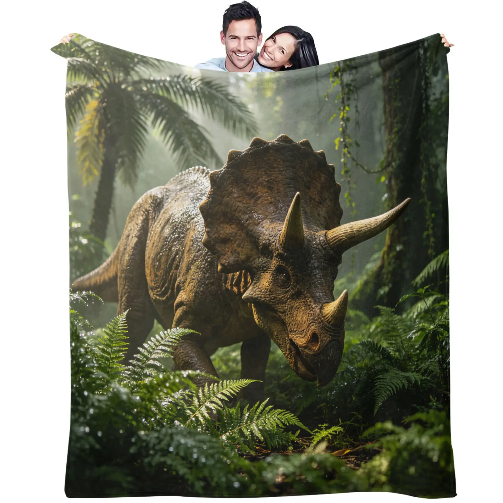 Triceratops Dinosaur Flannel Throw Blanket Realistic Jungle Rainforest Print Soft Lightweight Warm Sofa Bed Travel Decor Blanket