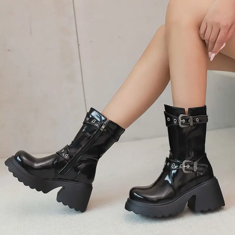 

SIMLOVEYO Punk Women's Mid-Calf Shoes Round Toe 8.5cm Chunky Heels with Platform Zipper Buckle Extended Sizes 43-45 White Black