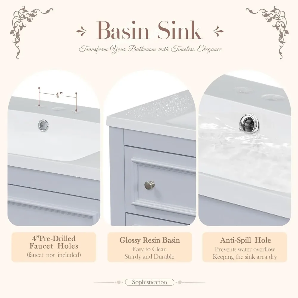 36" Bathroom Vanity with Sink, Farmhouse Bathroom Vanity Storage Cabinet with 4 Drawers and Open Shelf, Solid Wood Frame