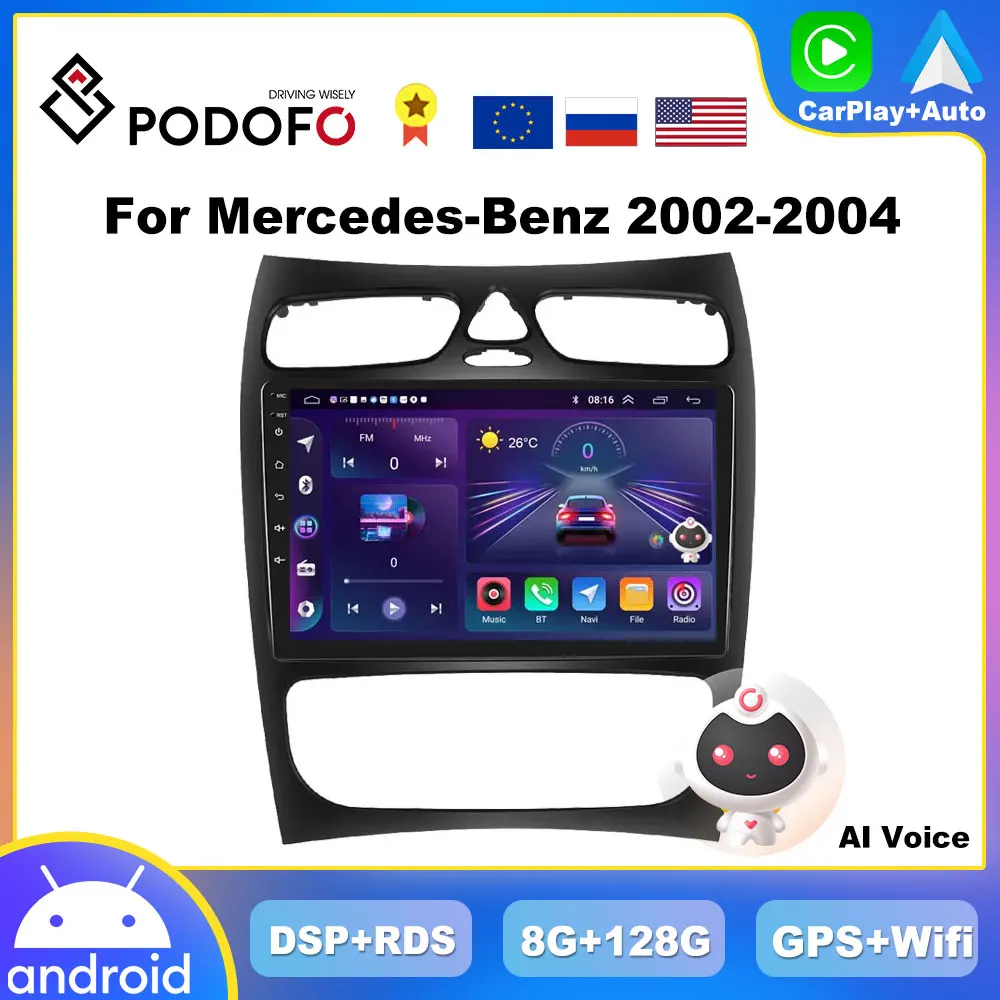 

Podofo 8G+128G Android CarPlay For Mercedes Benz C Class CLK Class S203 W203 W209 A209 2000-2005 Car Radio 4G Multimedia Player